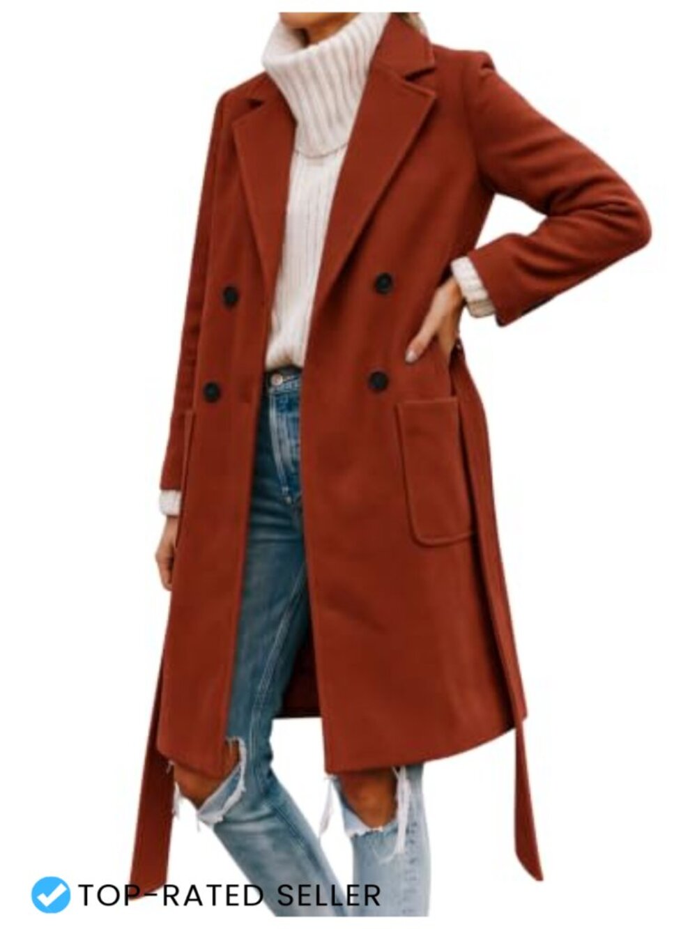 Wool Blend Peacoat Double Breasted Notched Lapel Belted Winter Coat